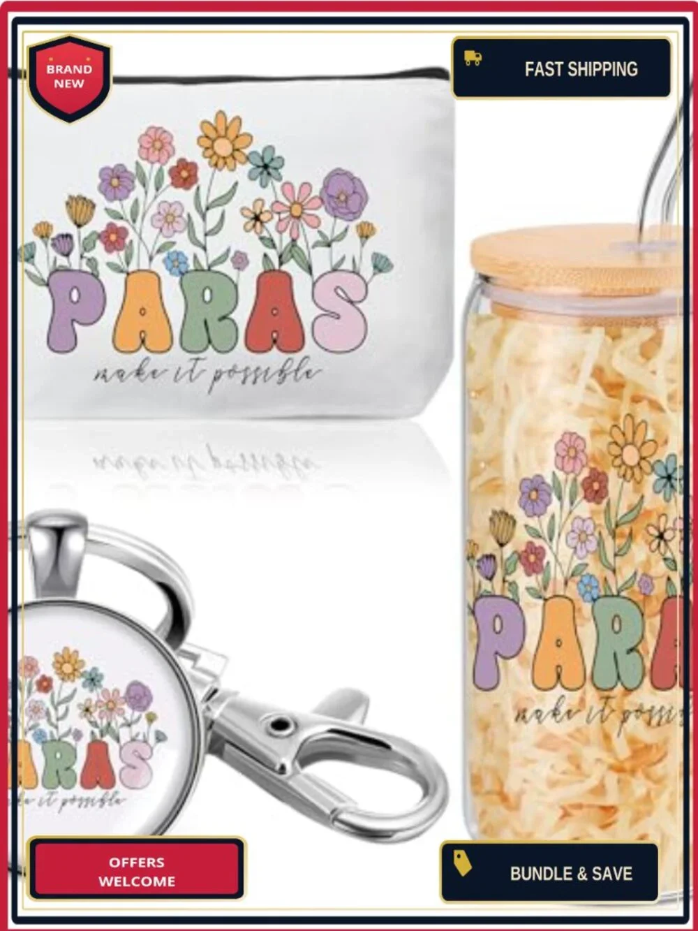 Canvas Makeup Bag with Glass Cup and Keychain Gift Set
